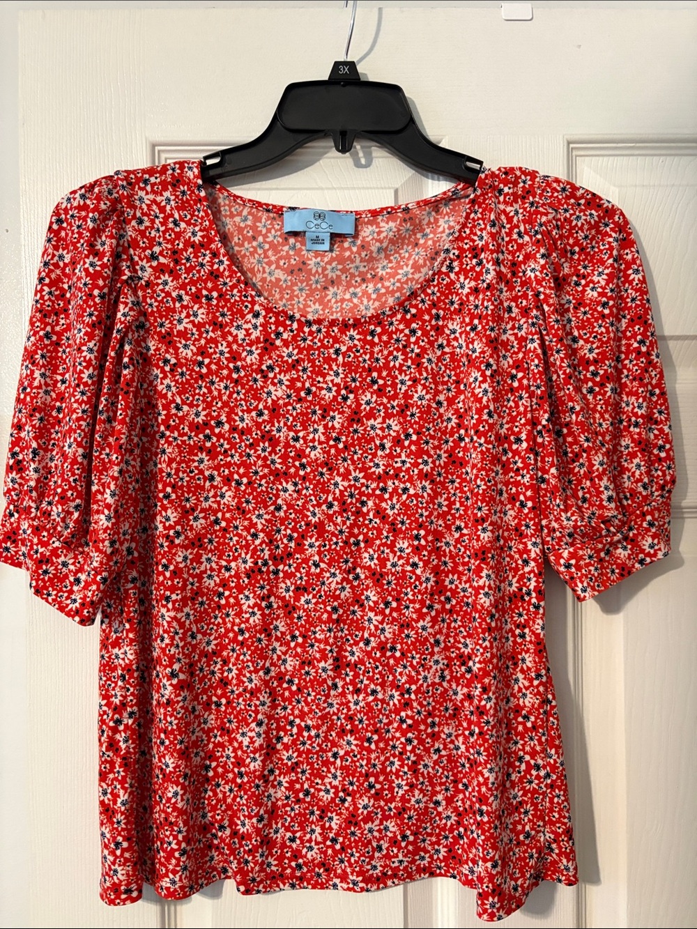 CeCe Red Floral Puff-Sleeve Scoop Neck Blouse